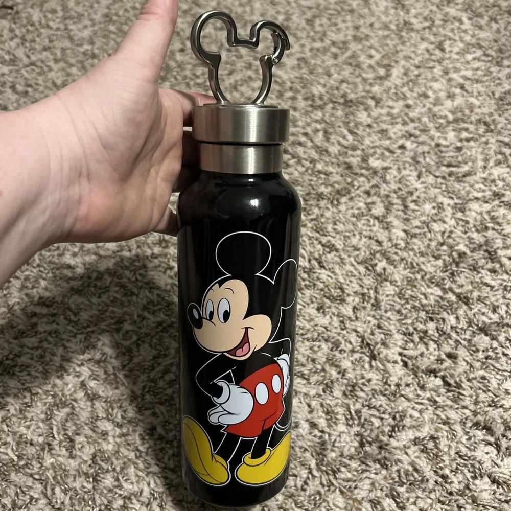 Disney Mickey Mouse Stainless Steel Water Bottle Mickey Ears Carabiner Clip New